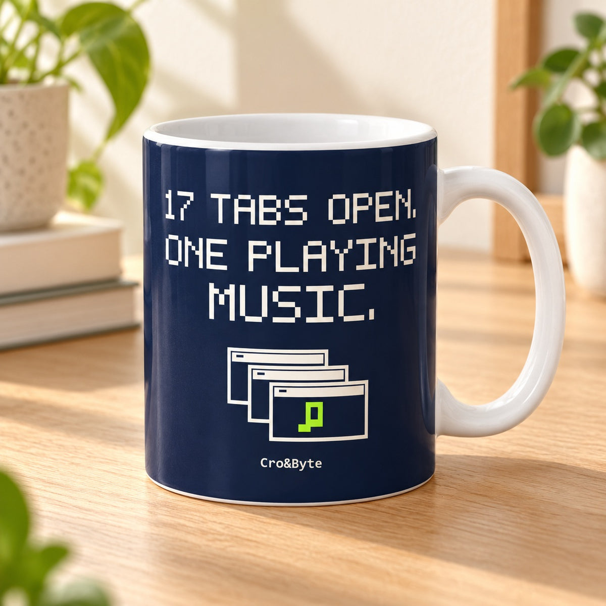 17 Tabs Open. One Playing Music. — Navy artwork preview for mug