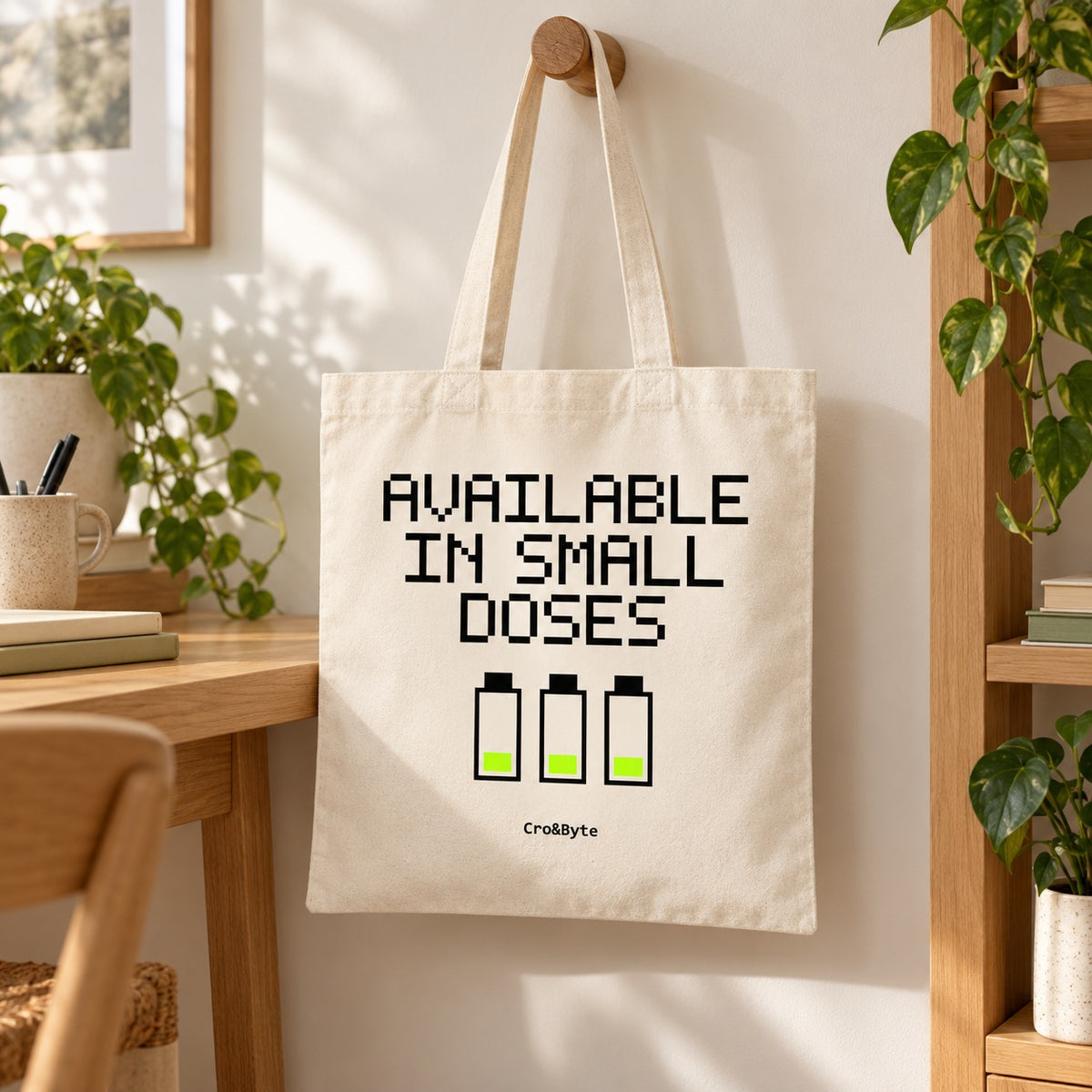 Available in Small Doses — Cream artwork preview for tote bag