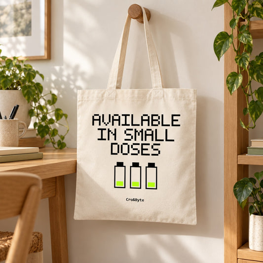 Available in Small Doses — Cream artwork preview for tote bag