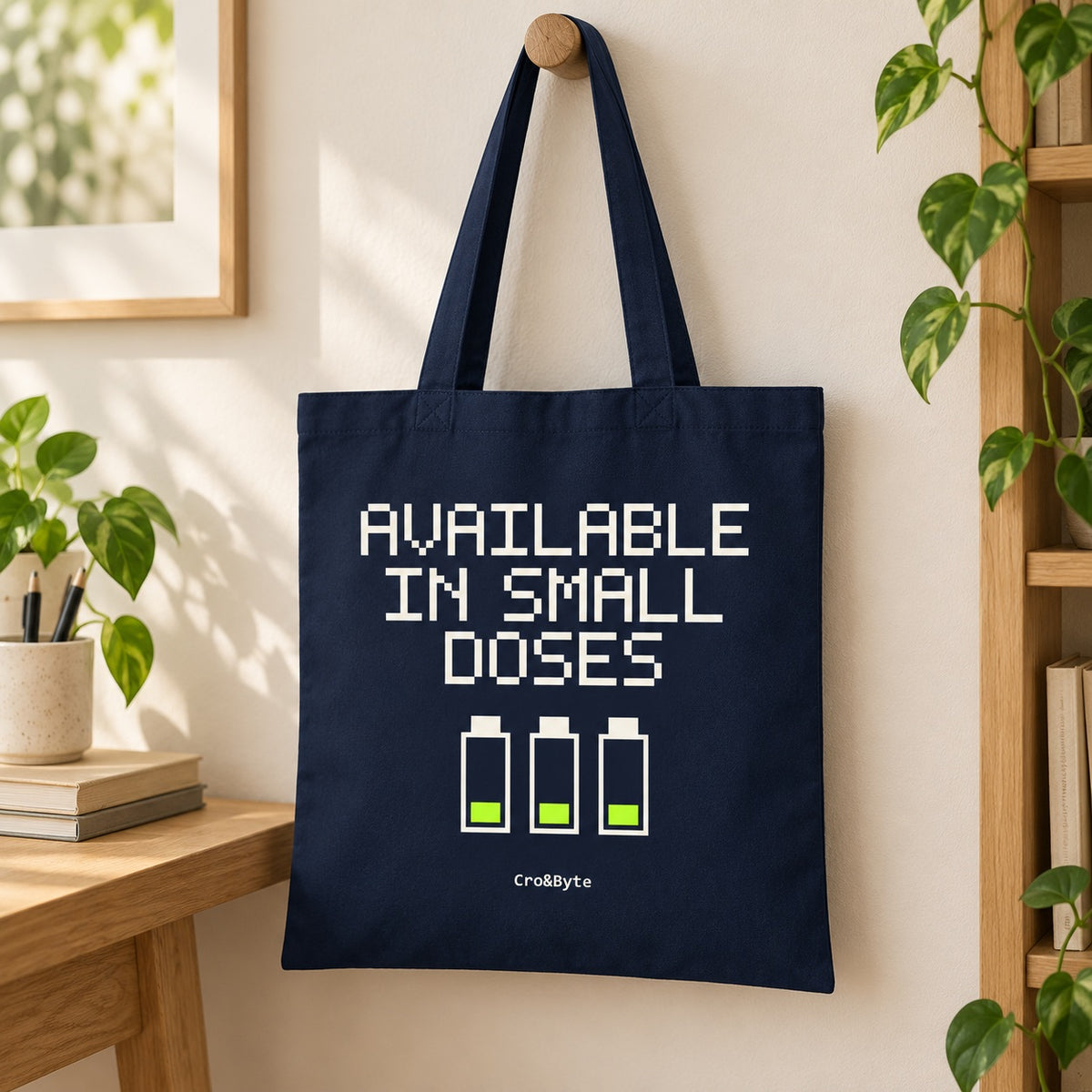 Available in Small Doses — Navy artwork preview for tote bag