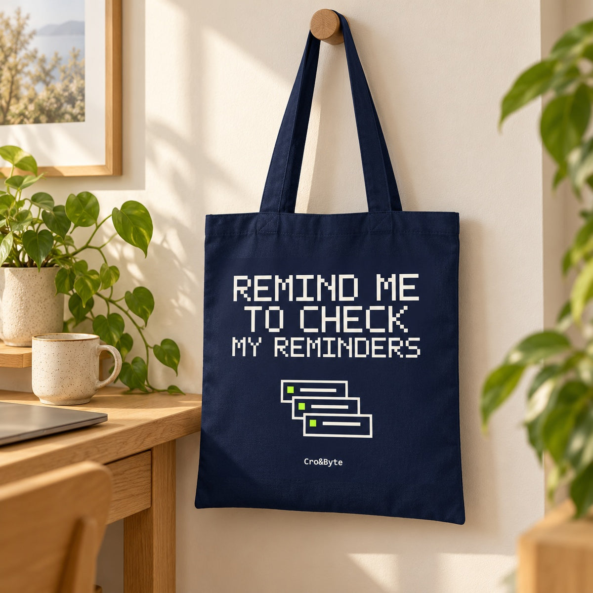 Remind Me to Check My Reminders — Navy artwork preview for tote bag