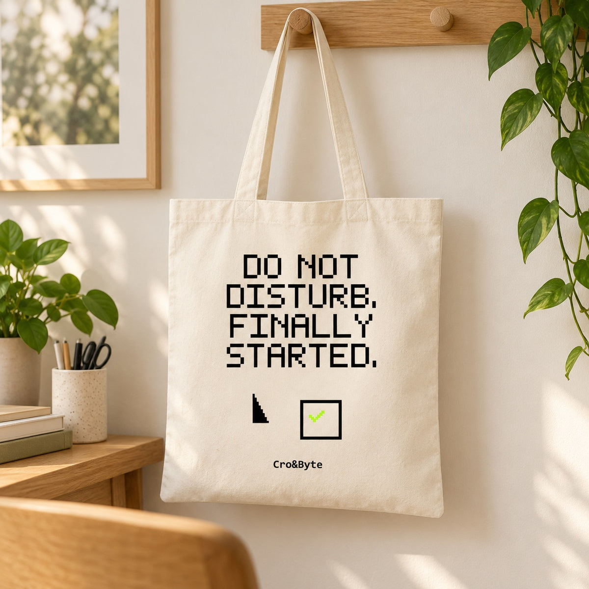 Do Not Disturb. Finally Started. — Cream artwork preview for tote bag