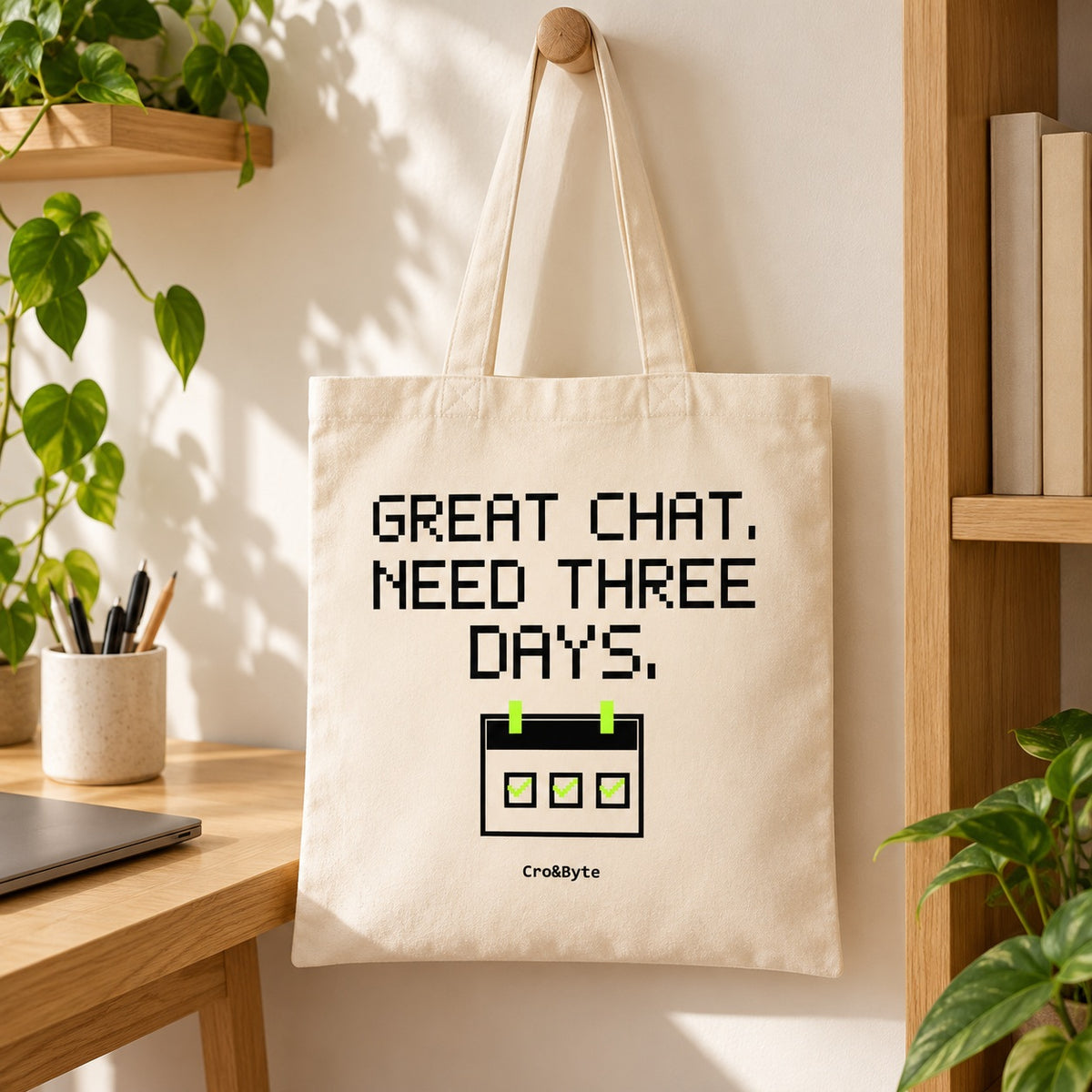 Great Chat. Need Three Days. — Cream artwork preview for tote bag