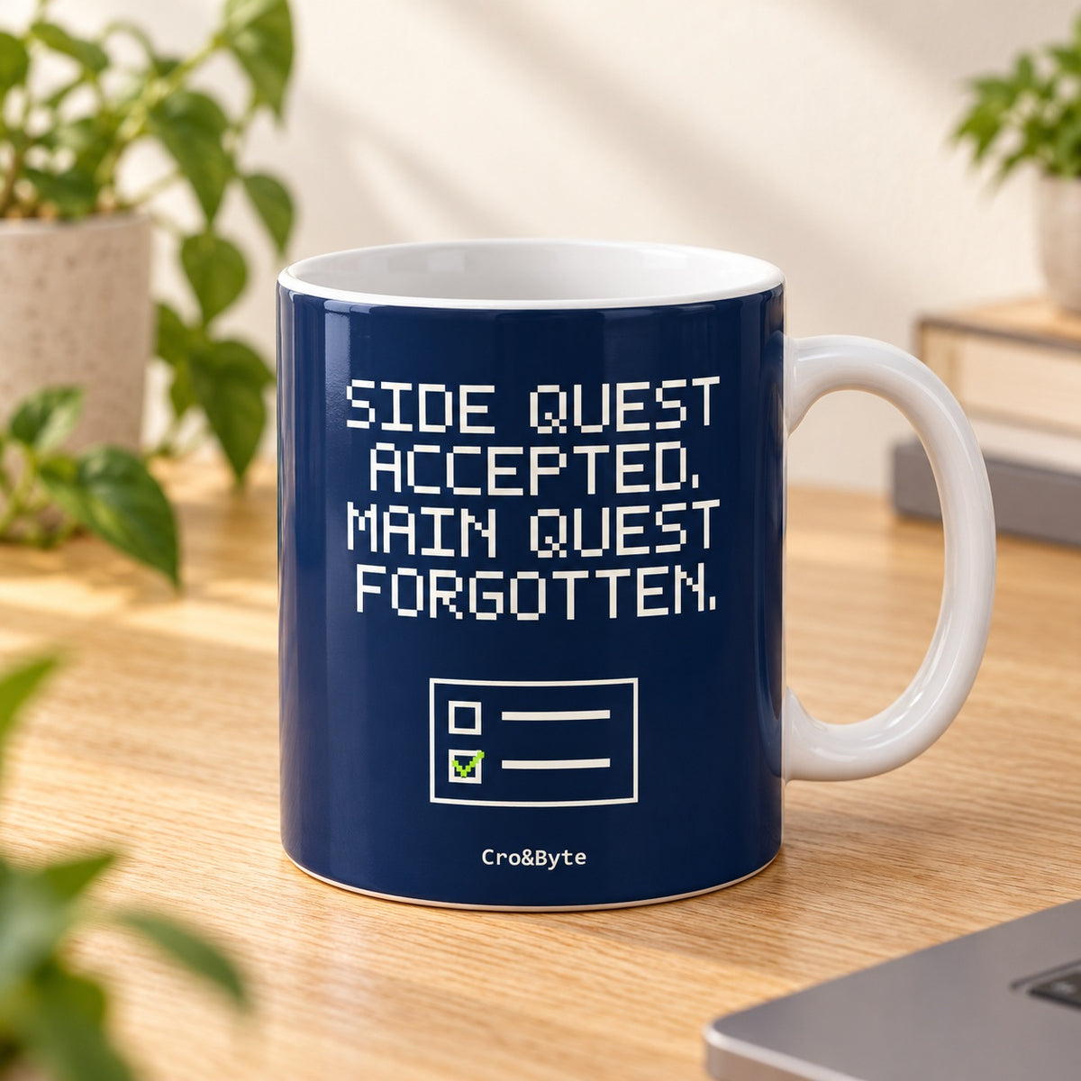 Side Quest Accepted. Main Quest Forgotten. — Navy artwork preview for mug