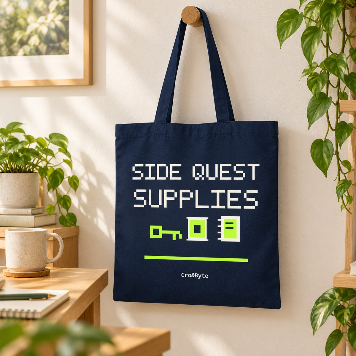 Side Quest Supplies — Navy artwork preview for tote bag