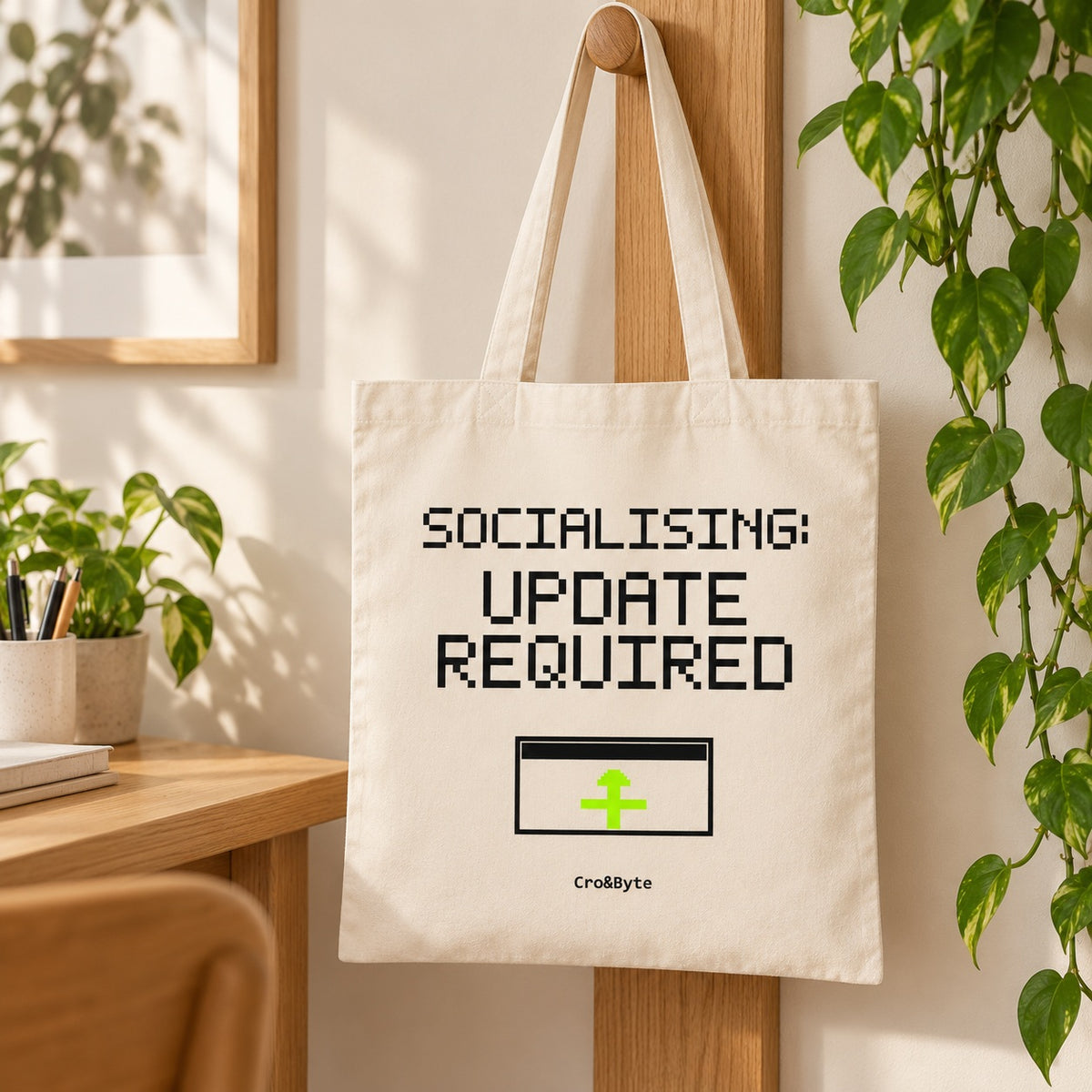 Socialising: Update Required — Cream artwork preview for tote bag