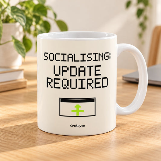 Socialising: Update Required — Cream artwork preview for mug