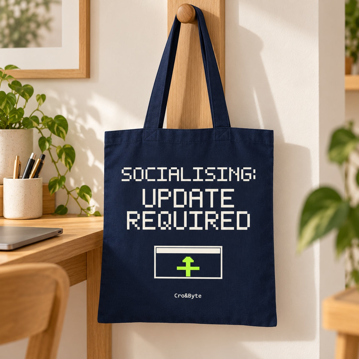 Socialising: Update Required — Navy artwork preview for tote bag