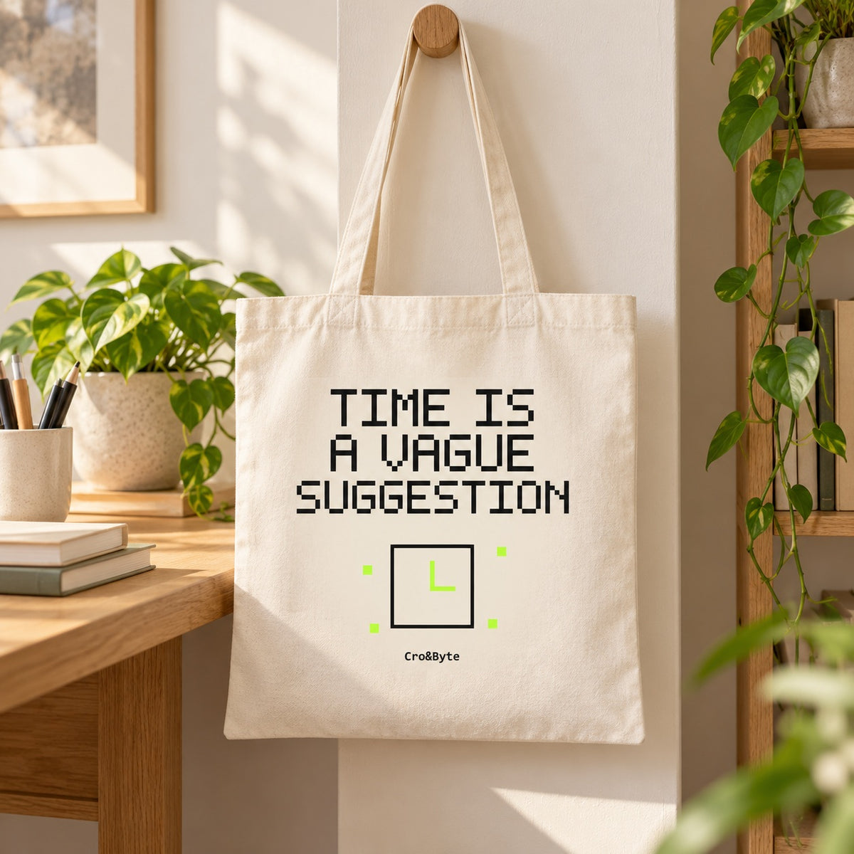 Time Is a Vague Suggestion — Cream artwork preview for tote bag