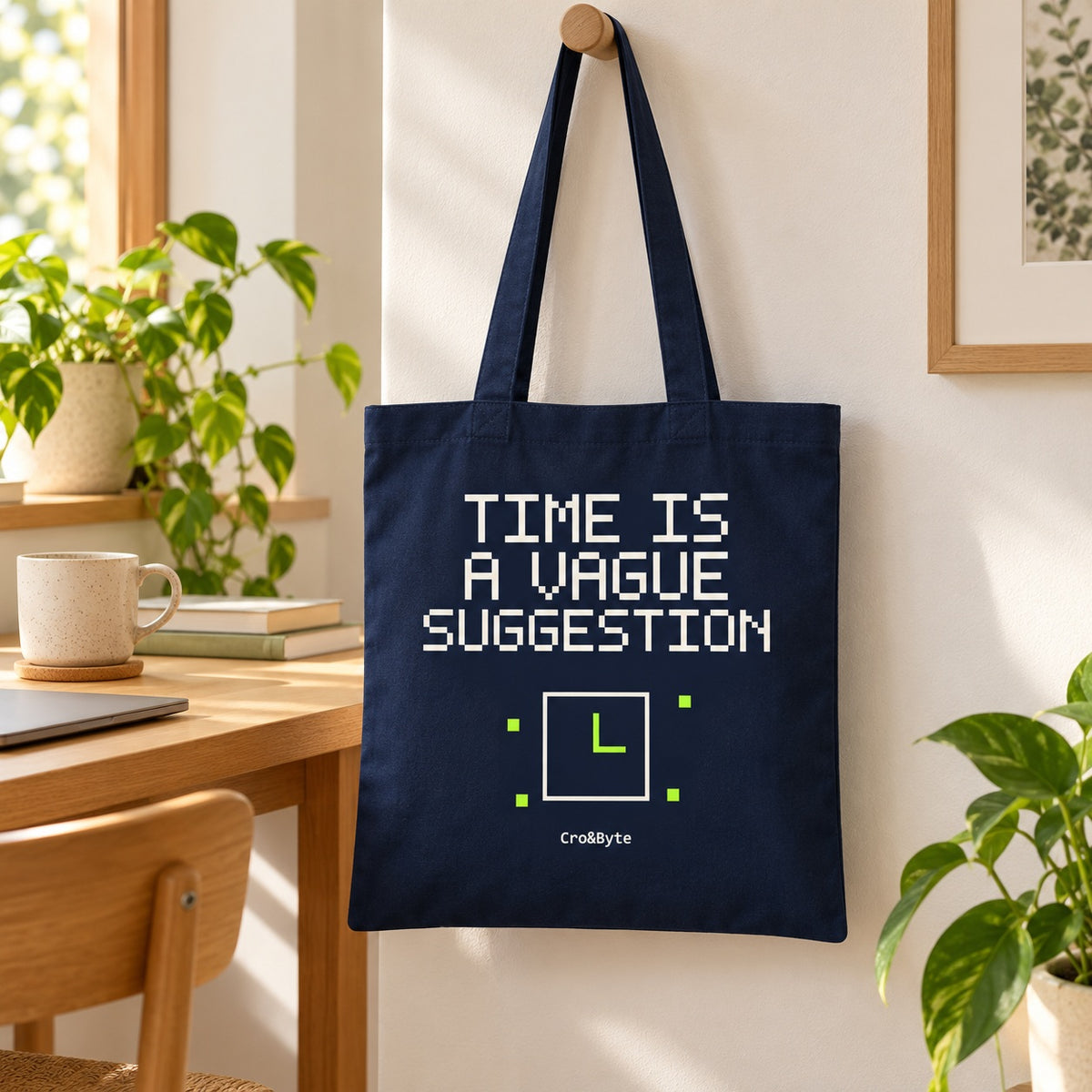 Time Is a Vague Suggestion — Navy artwork preview for tote bag