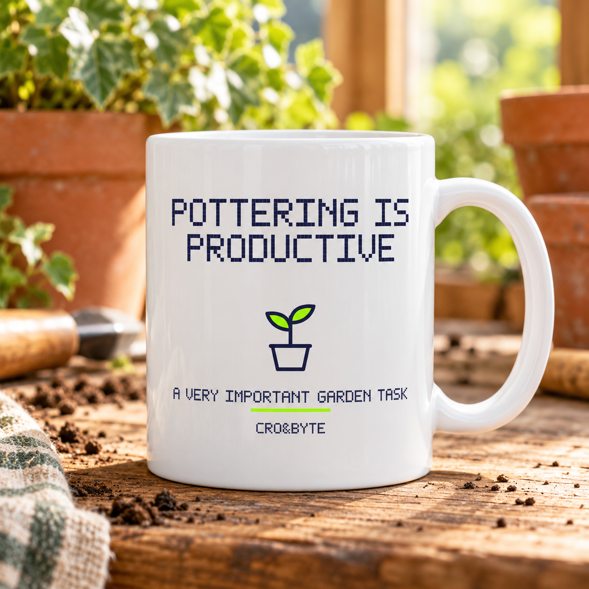 Pottering Is Productive — White mug, individual realistic product photograph