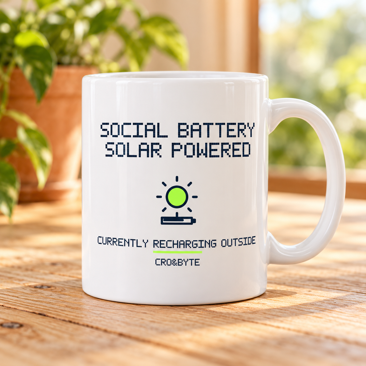 Social Battery Solar Powered — White mug, individual realistic product photograph