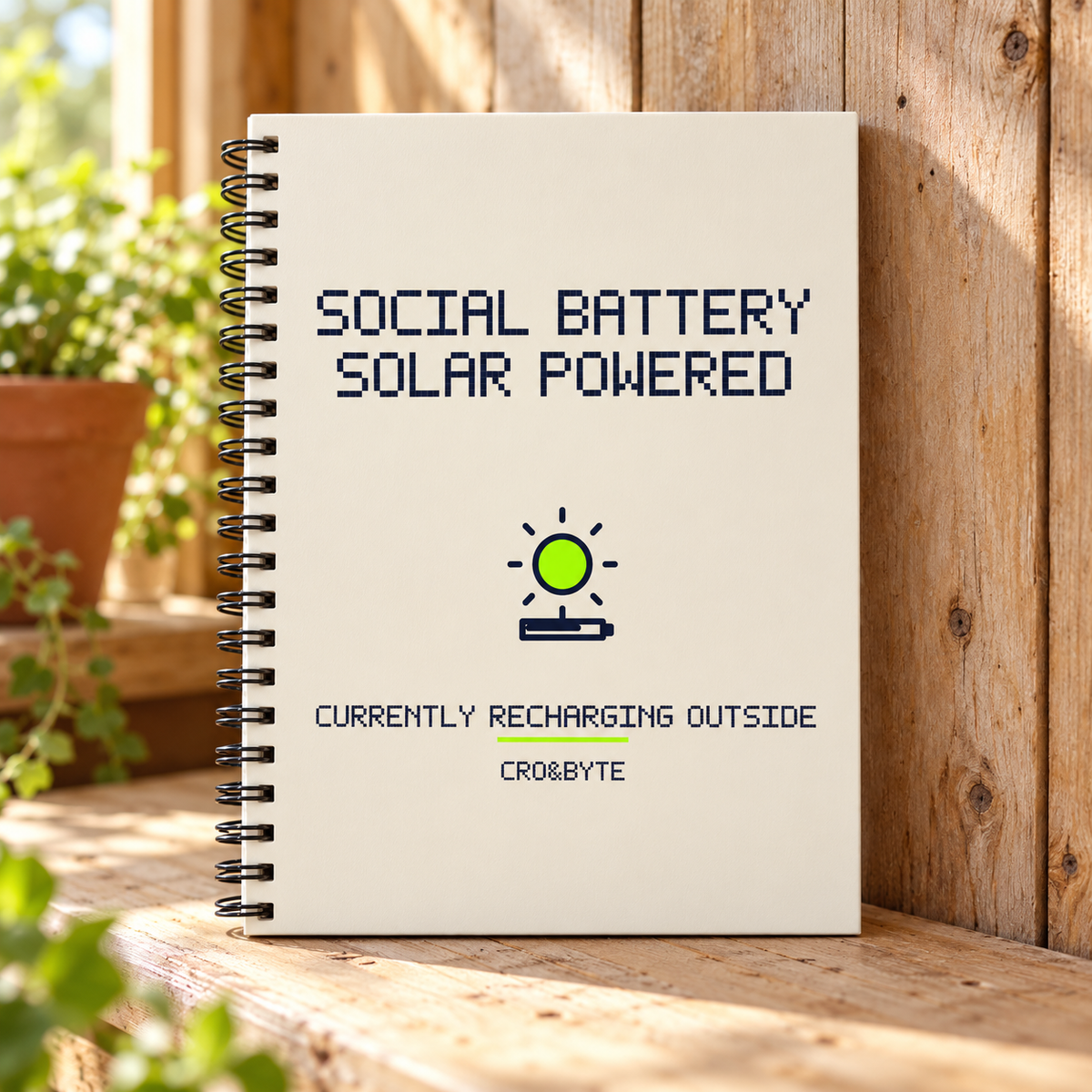 Social Battery Solar Powered — Cream notebook, individual realistic product photograph