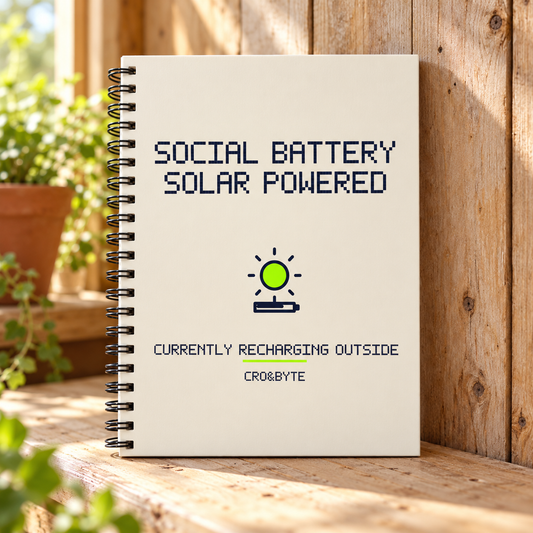 Social Battery Solar Powered — Cream notebook, individual realistic product photograph