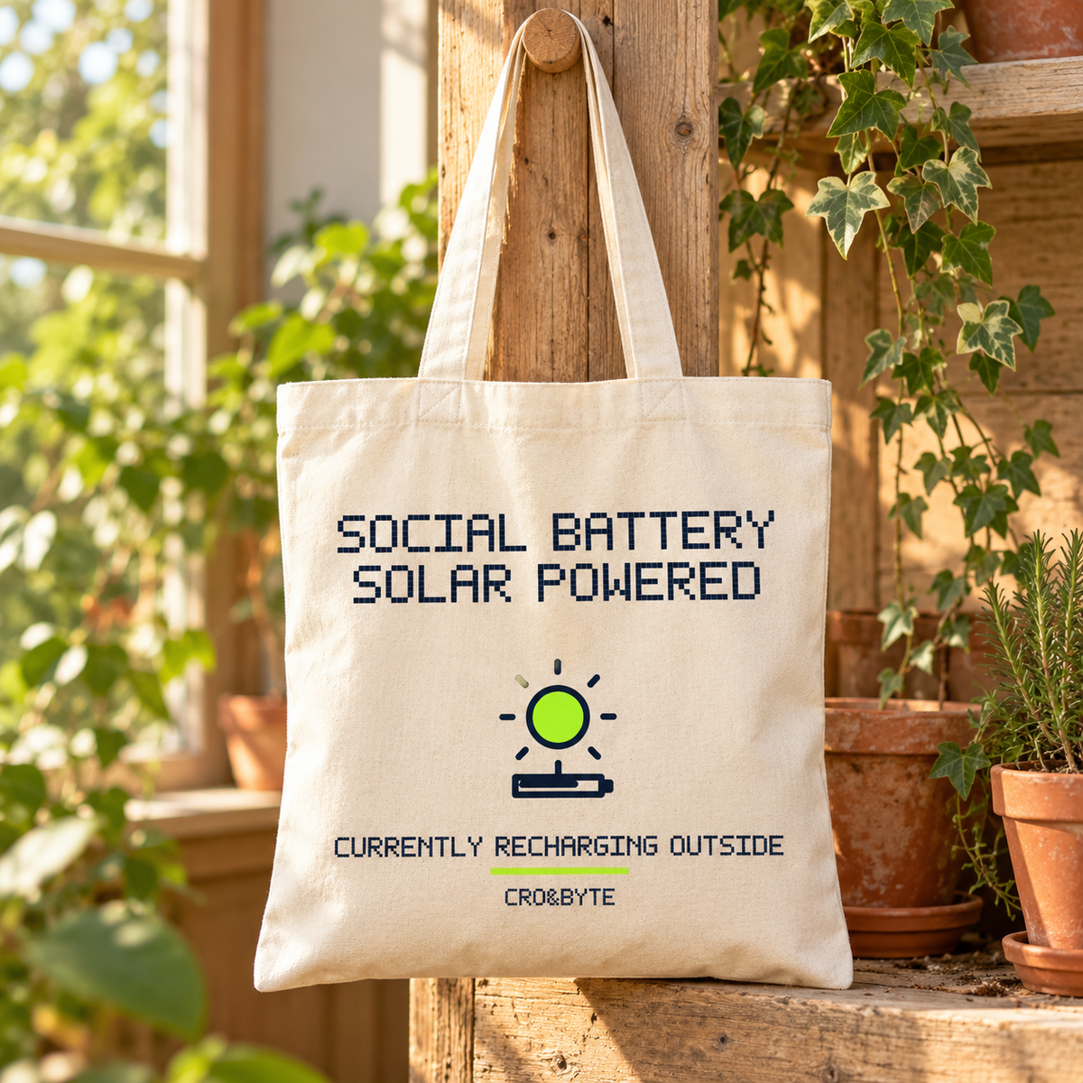 Social Battery Solar Powered — Cream tote, individual realistic product photograph