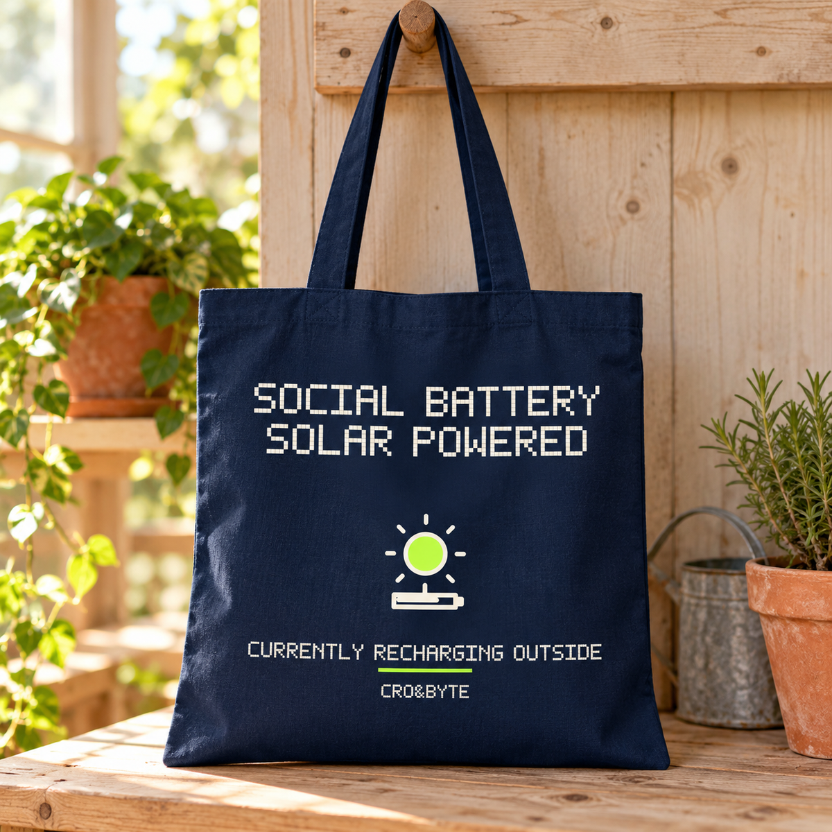 Social Battery Solar Powered — Navy tote, individual realistic product photograph