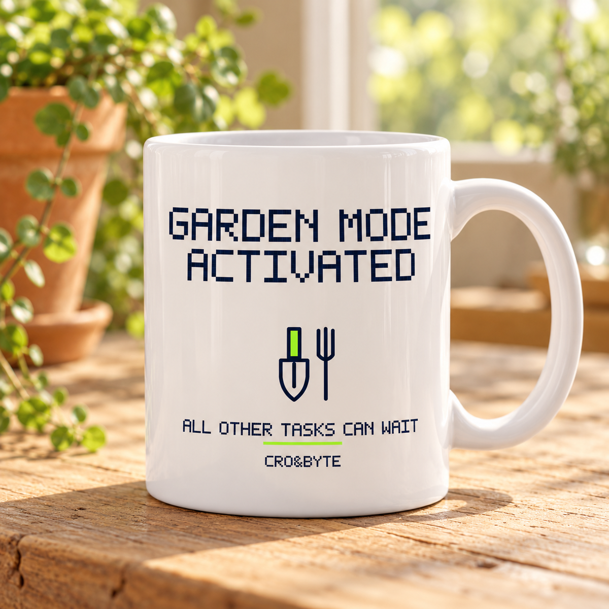 Garden Mode Activated — White mug, individual realistic product photograph