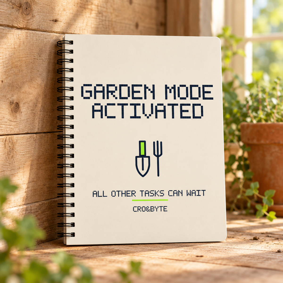 Garden Mode Activated — Cream notebook, individual realistic product photograph