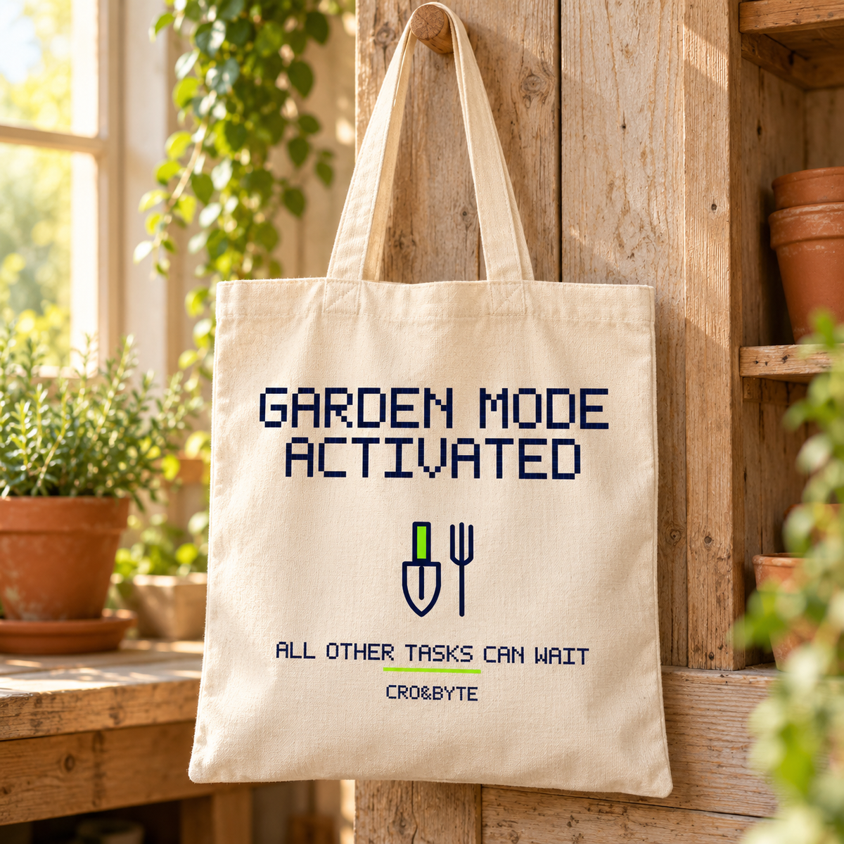 Garden Mode Activated — Cream tote, individual realistic product photograph