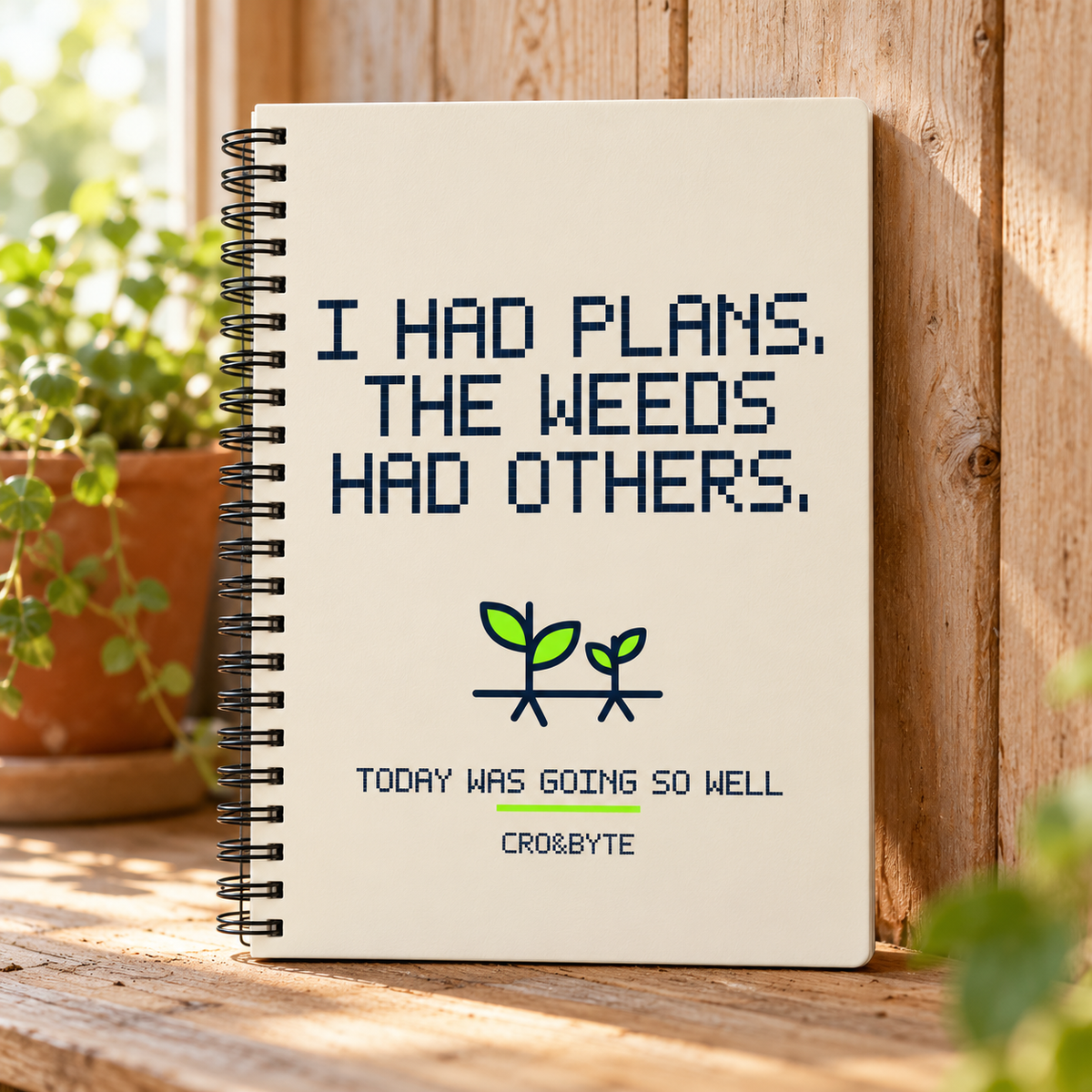 Weeds Have Other Plans — Cream notebook, individual realistic product photograph