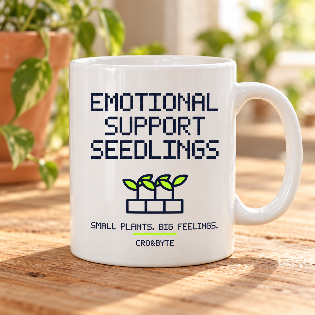 Emotional Support Seedlings — White mug, individual realistic product photograph