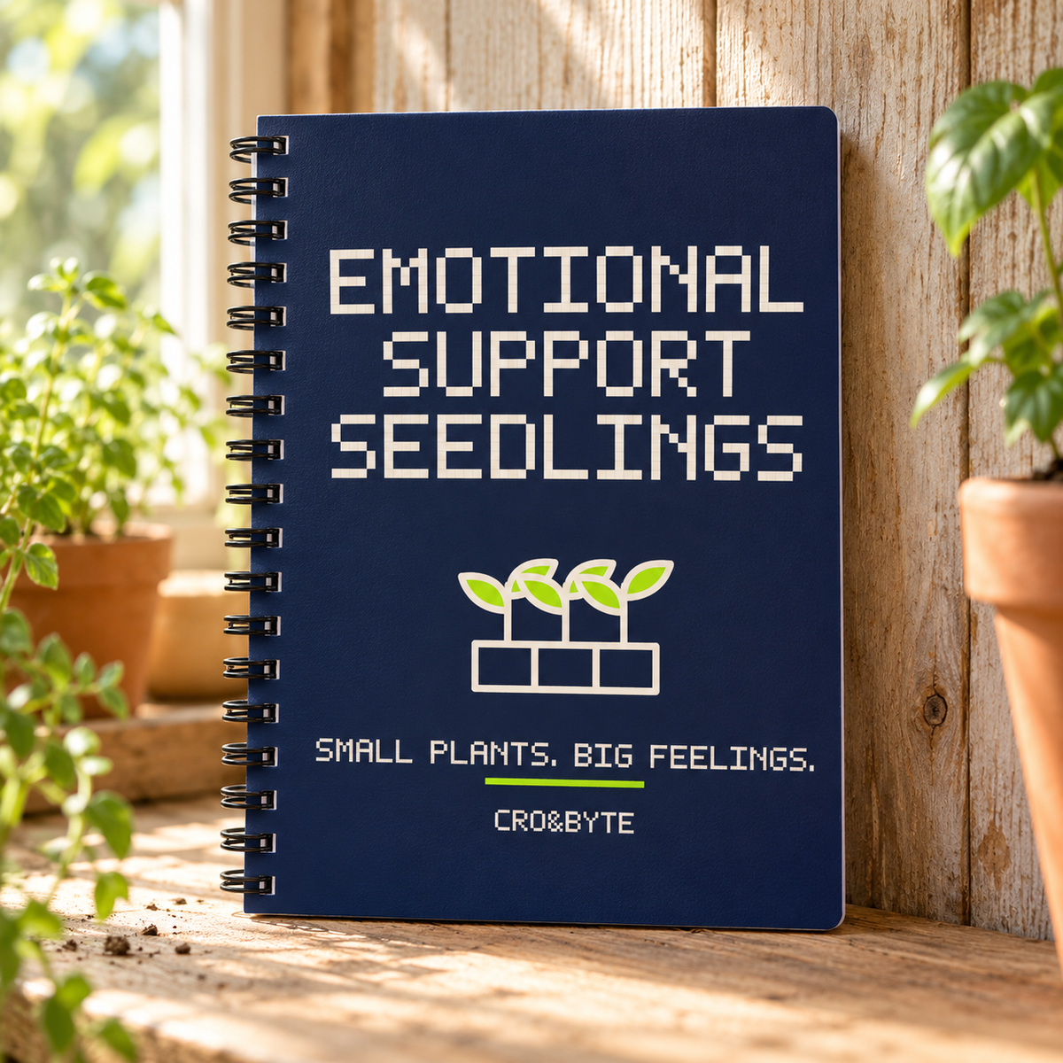 Emotional Support Seedlings — Navy notebook, individual realistic product photograph