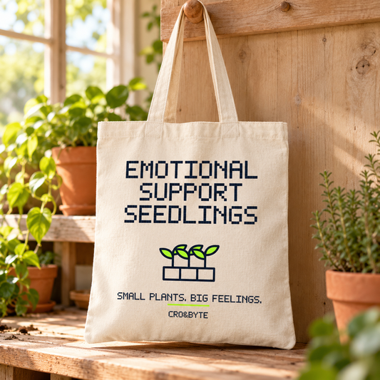 Emotional Support Seedlings — Cream tote, individual realistic product photograph
