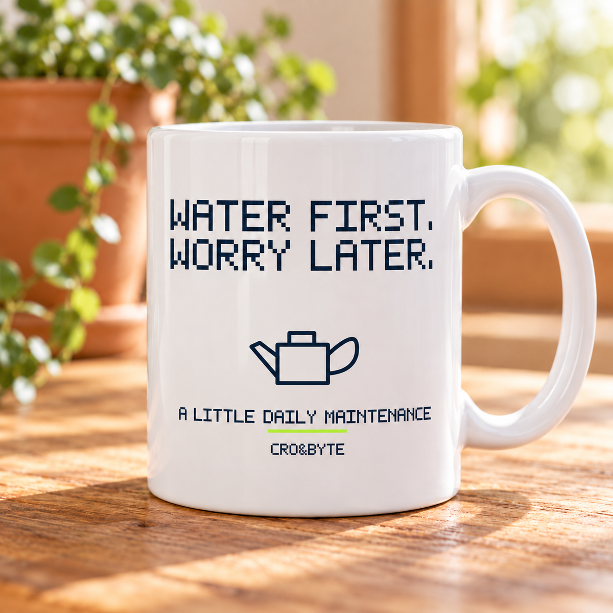 Water First Worry Later — White mug, individual realistic product photograph