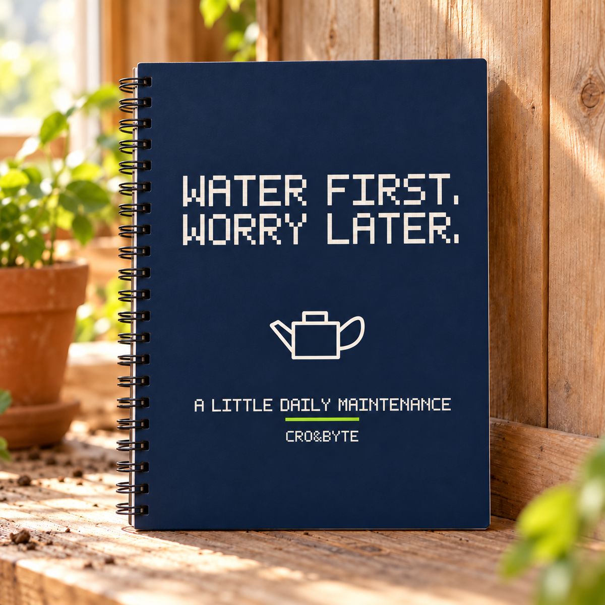 Water First Worry Later — Navy notebook, individual realistic product photograph