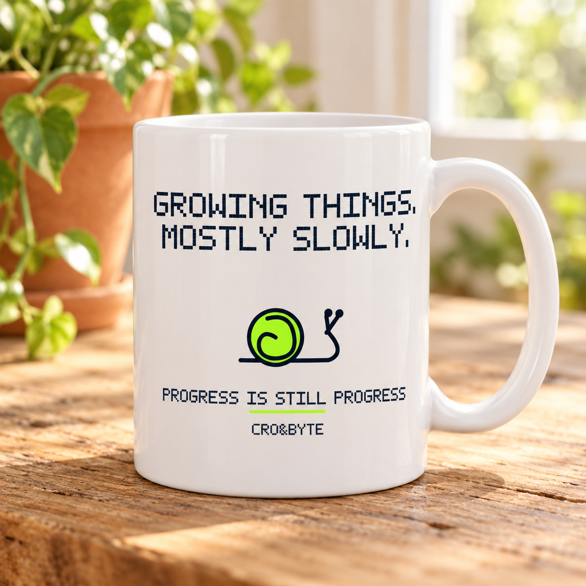 Growing Things Slowly — White mug, individual realistic product photograph