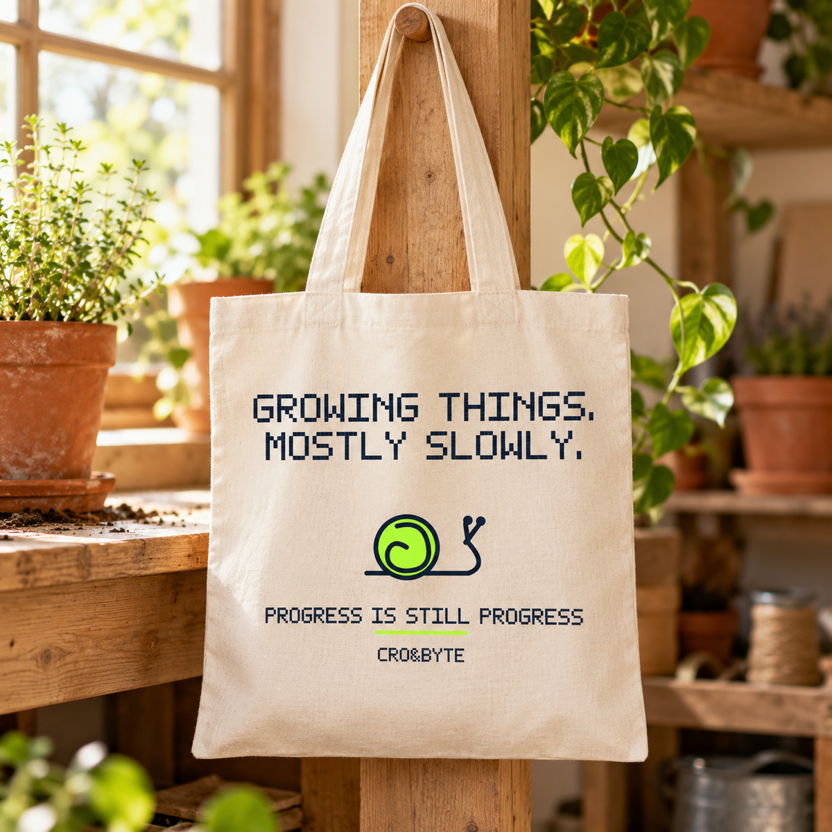 Growing Things Slowly — Cream tote, individual realistic product photograph