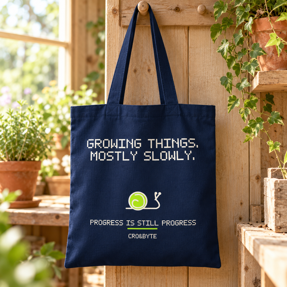 Growing Things Slowly — Navy tote, individual realistic product photograph