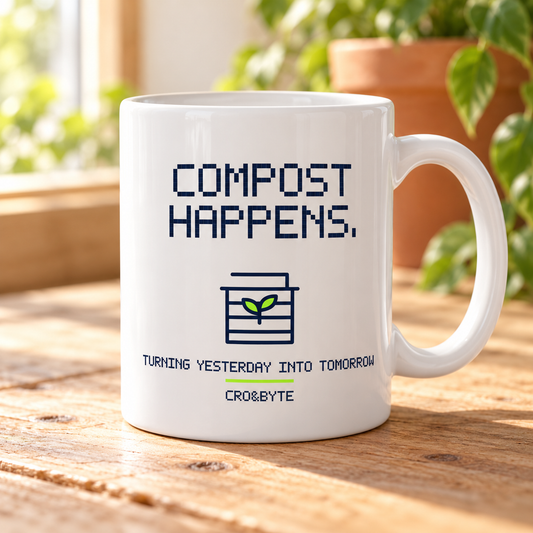 Compost Happens — White mug, individual realistic product photograph