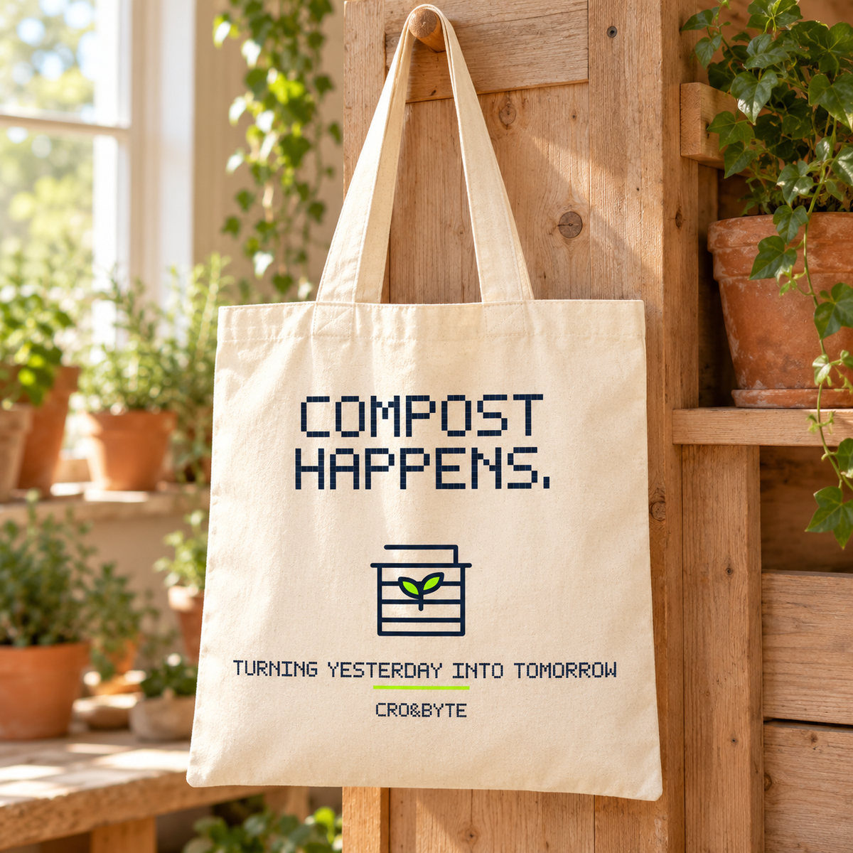 Compost Happens — Cream tote, individual realistic product photograph