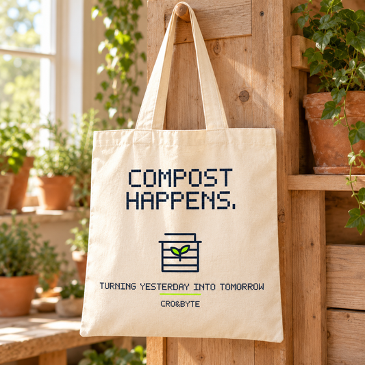 Compost Happens — Cream tote, individual realistic product photograph
