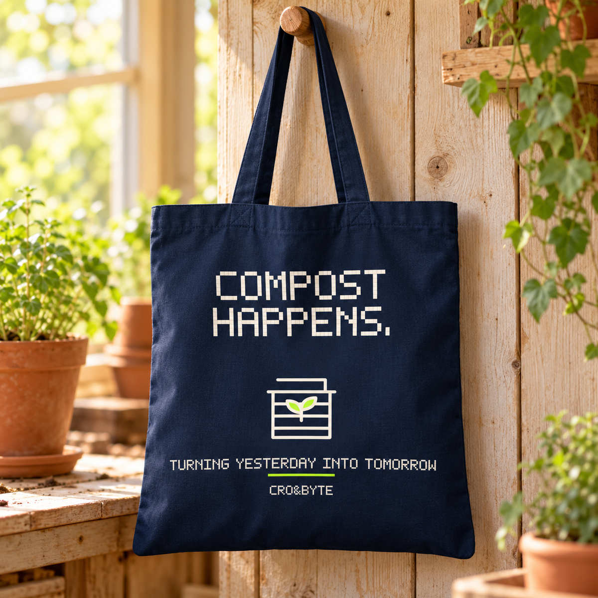Compost Happens — Navy tote, individual realistic product photograph