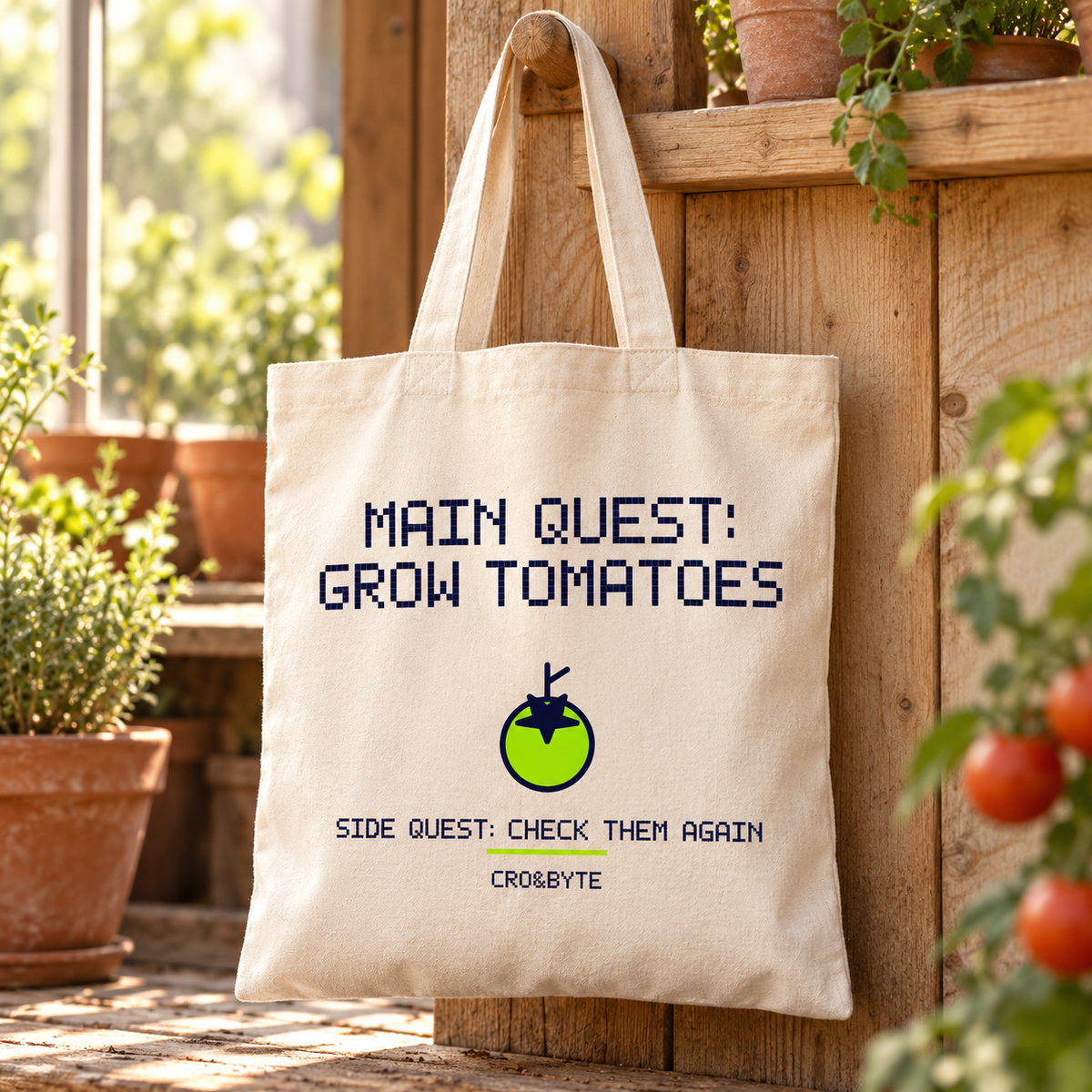 Main Quest Grow Tomatoes — Cream tote, individual realistic product photograph