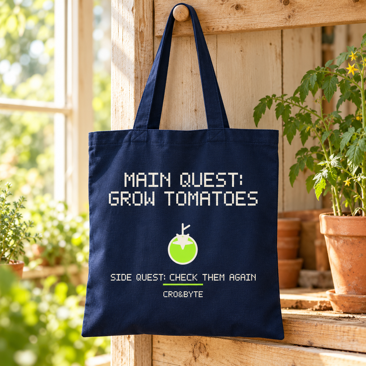 Main Quest Grow Tomatoes — Navy tote, individual realistic product photograph