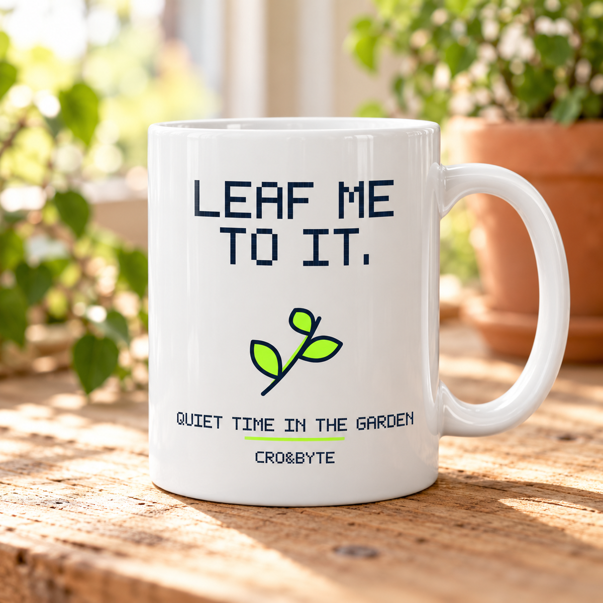 Leaf Me To It — White mug, individual realistic product photograph
