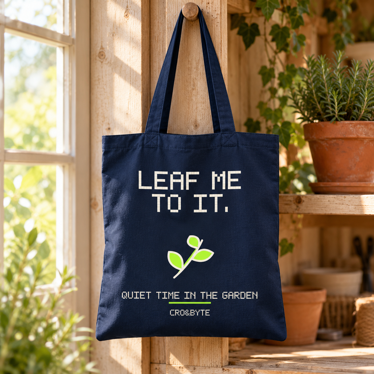 Leaf Me To It — Navy tote, individual realistic product photograph