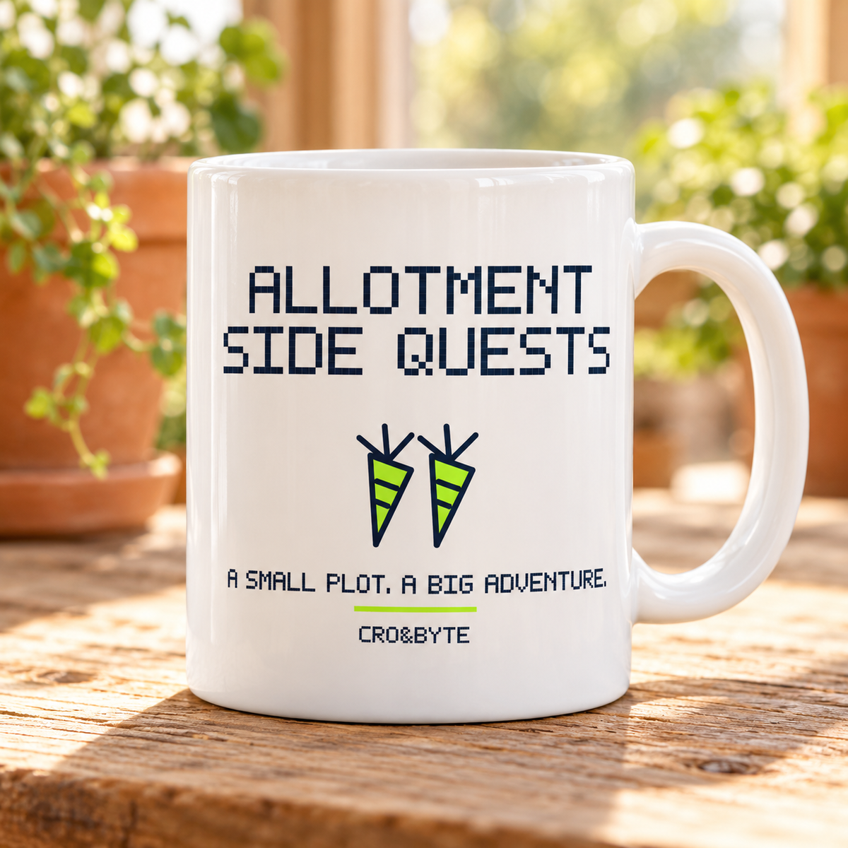 Allotment Side Quests — White mug, individual realistic product photograph