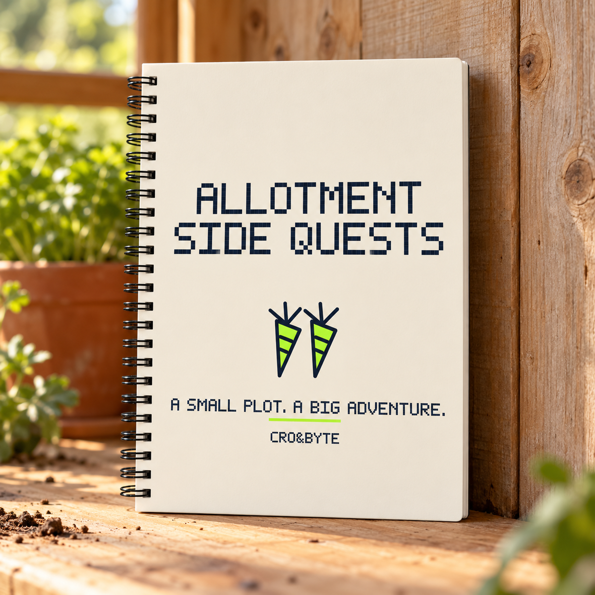 Allotment Side Quests — Cream notebook, individual realistic product photograph