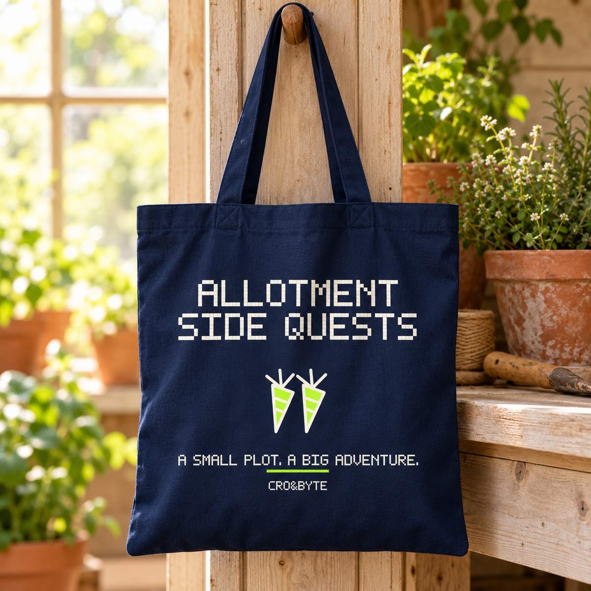 Allotment Side Quests — Navy tote, individual realistic product photograph