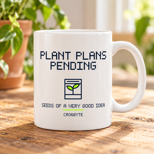 Plant Plans Pending — White mug, individual realistic product photograph