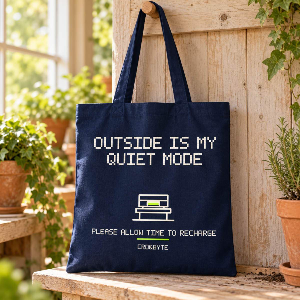 Outside Is My Quiet Mode — Navy tote, individual realistic product photograph