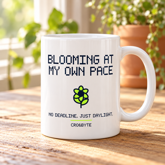 Blooming At My Own Pace — White mug, individual realistic product photograph