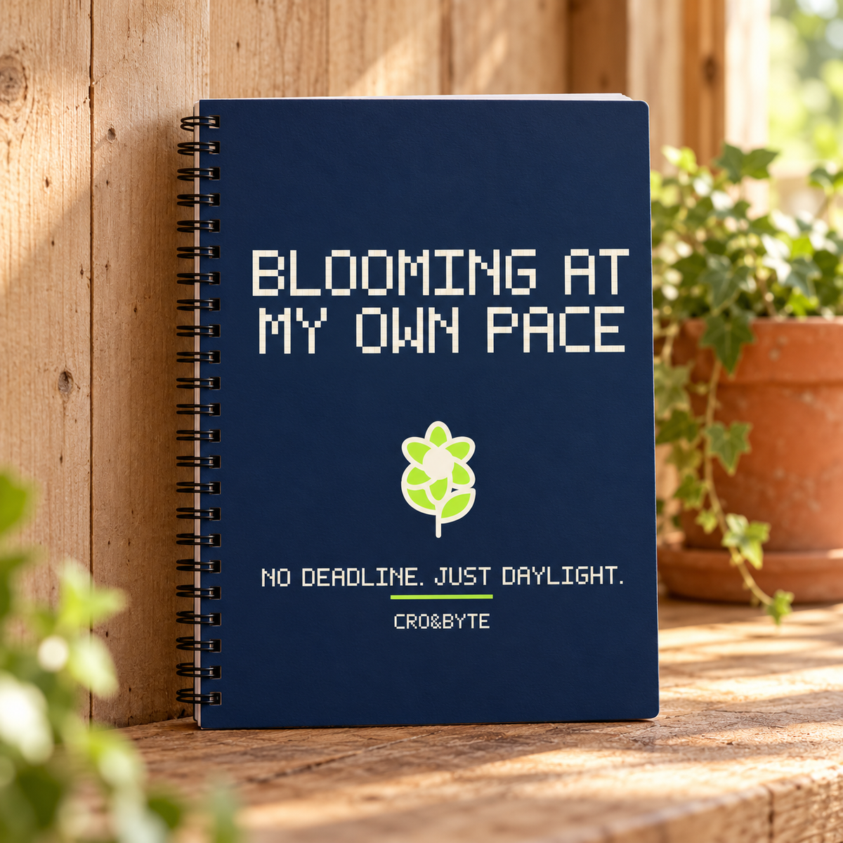 Blooming At My Own Pace — Navy notebook, individual realistic product photograph