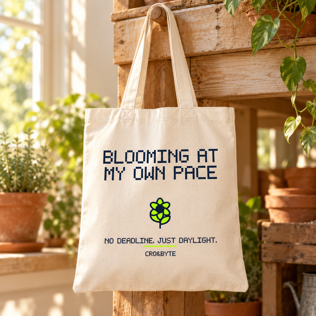 Blooming At My Own Pace — Cream tote, individual realistic product photograph