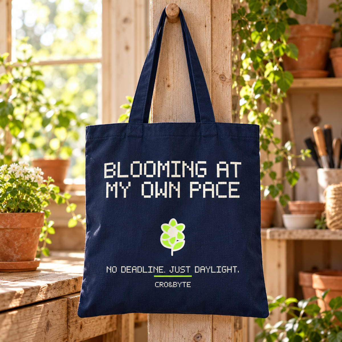 Blooming At My Own Pace — Navy tote, individual realistic product photograph