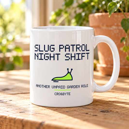Slug Patrol Night Shift — White mug, individual realistic product photograph